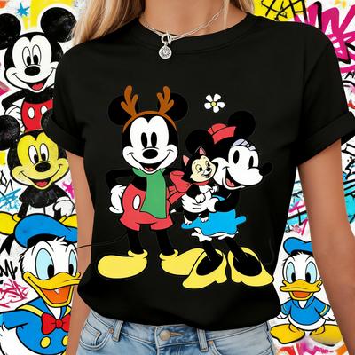 2025 Lato Disney CoolTrendy Casual Nadruk Myszki Miki i Minnie Słodki T-shirt z krótkim rękawem Moda Elegancki Top Impreza rodzinna Kemping