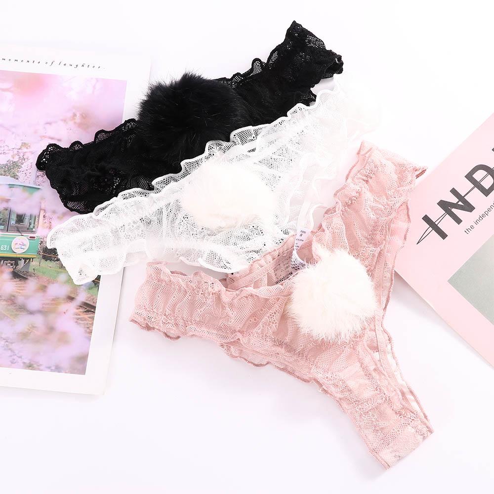 Transparent Low Waist Breathable Plush Ball Thong G-string Lace Panties