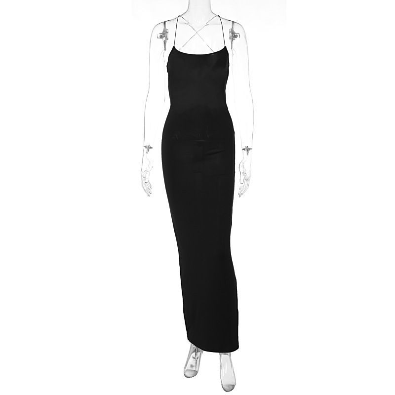 

Open Back Slim Fit Split Strap Dress Backless Slim Fit Split Sling Dress Black L