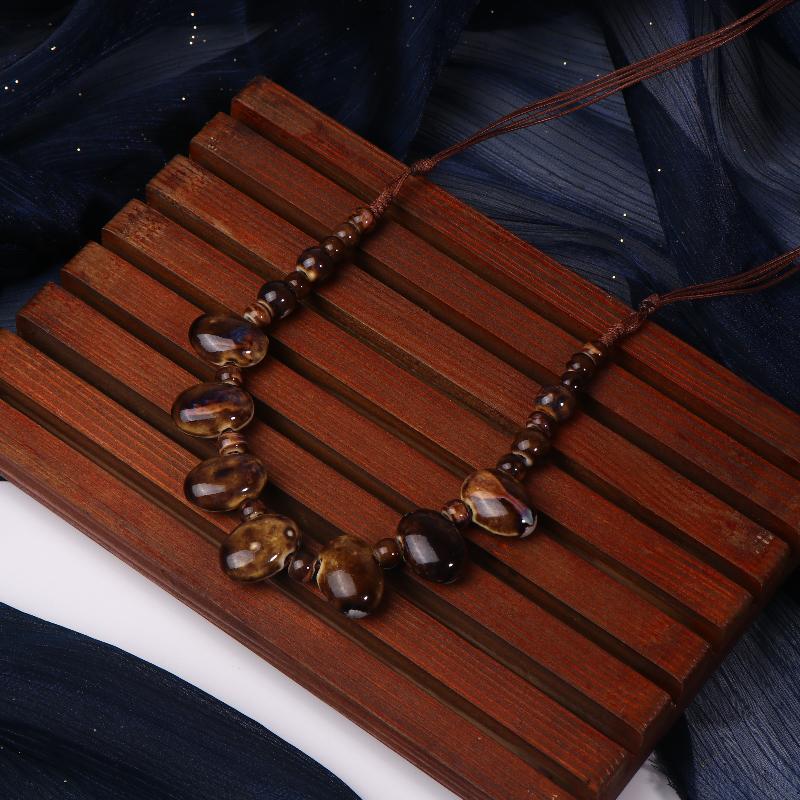 Colorful Ceramic Bean Necklace Handmade Boho Pendant Adjustable Vintage Jewelry For Women Gift