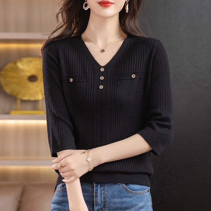 Fashion Women Clothing Solid 3/4 Sleeve Sweater Spring Autumn New Bottoming V-neck Loose Korean Casual Knitted Pullovers Tops