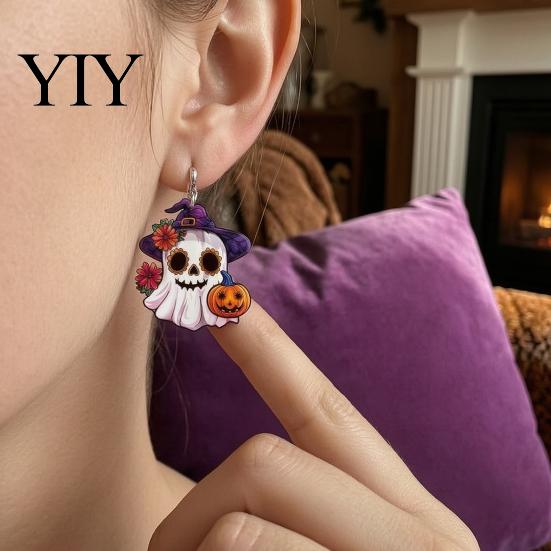 Cute Ghost Pumpkin Witch Hat Jewelry 1 Pair Mexico Day of The Dead Earrings for Women, Acrylic Holiday Party Costume Accessories Flower Dangle