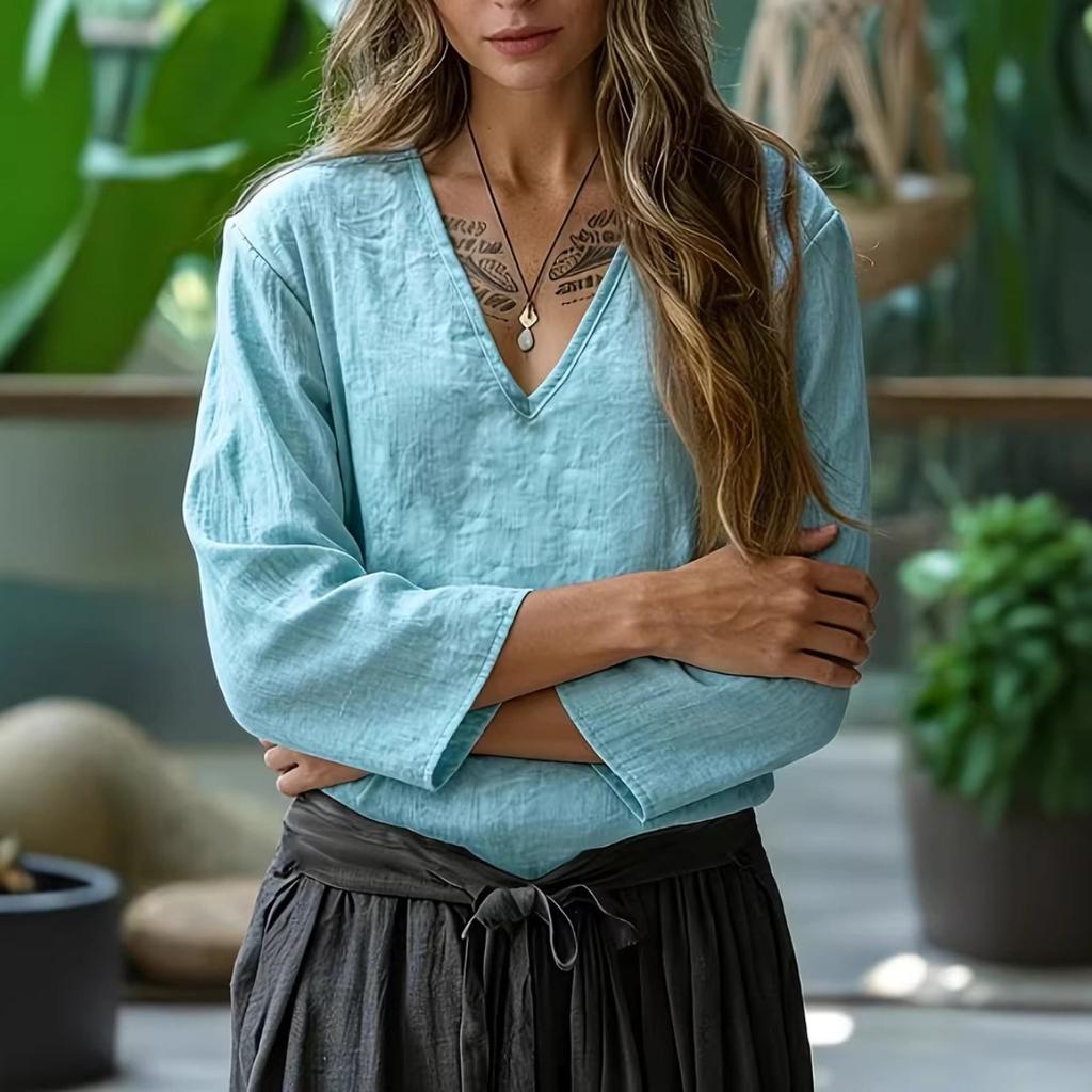 Spring Summer Women's Loose Solid Color V-neck Three-quarter Sleeve Cotton Linen T-shirt, European American Style Casual Crossborder Women's Top