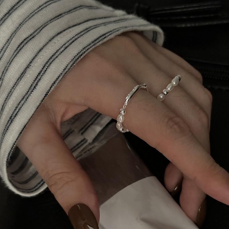 BFCLUB Silver Color Geometric Irregular Ball Pearls Rings for Women Bohemian Retro Adjustable Antique Personality Ring