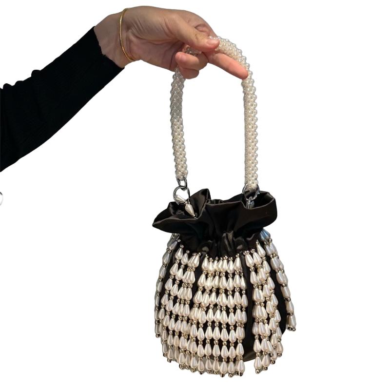 

Luxury Pearl Tassel Women s Shoulder Bag Top Handle Purses Elegant Satin Bucket Bag Hobo Bag Fashionable Versatile Underarm Bags чёрный