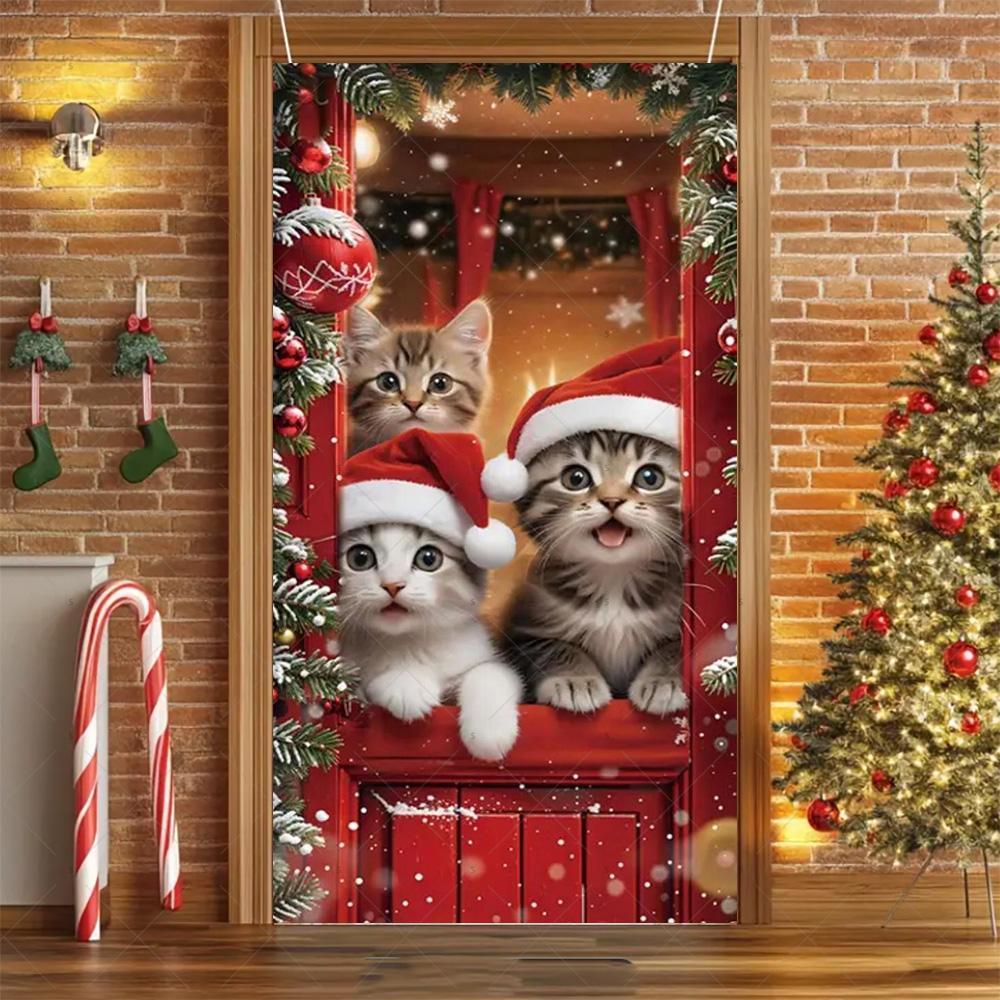 Cartoon Pet New Year Christmas Party Decorations Cat Dog Theme Door Covers Background Supplies Xmas Tree Photography Backdrop