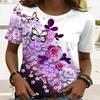 Damen Freizeit T-Shirt mit Blumendruck Hellblau Aquarellblume Rundhalsausschnitt Kurzarm Tops Atmungsaktiv Weich T-Shirts für den täglichen Gebrauch