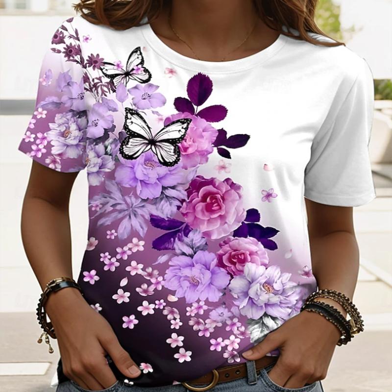 Damen Freizeit T-Shirt mit Blumendruck Hellblau Aquarellblume Rundhalsausschnitt Kurzarm Tops Atmungsaktiv Weich T-Shirts für den täglichen Gebrauch