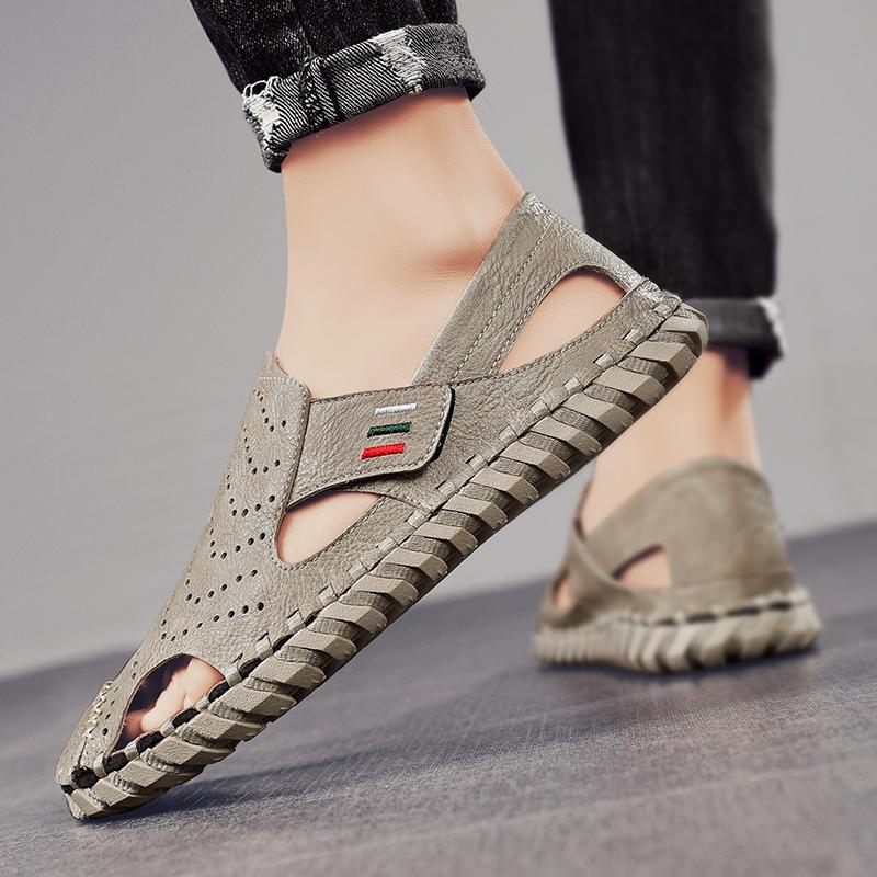 Fashion Men Handmade Sandals PU Solid Color Hollow Soft Sole Business Casual Sandals Comfortable Breathable Non Slip Beach Shoes