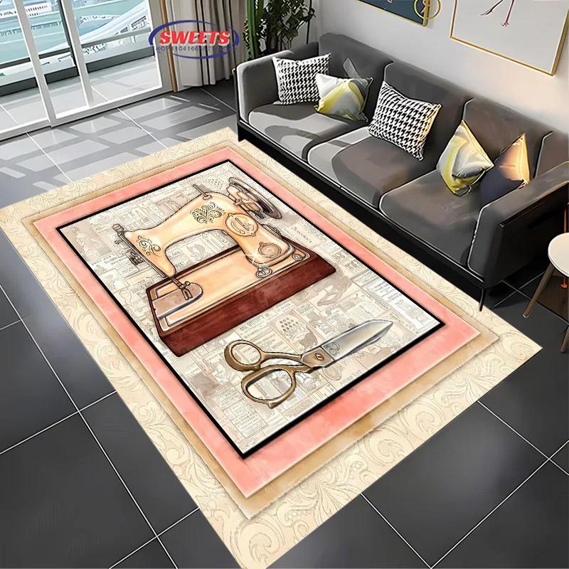 Vintage Sewing Machine Print Themed Carpet Multi-Size Optional Home Bedroom Sofa Clothing Store Four Seasons Mat Shipped Quickly
