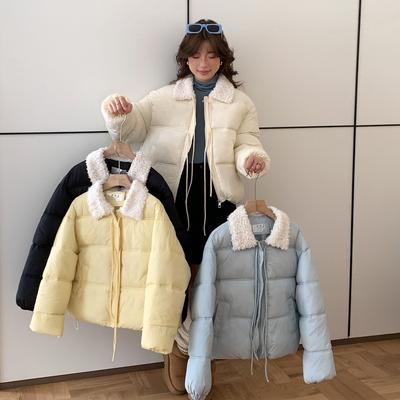 Bow Tie Short Cotton Coat for Women Winter Small Preppy Style Cotton Coat