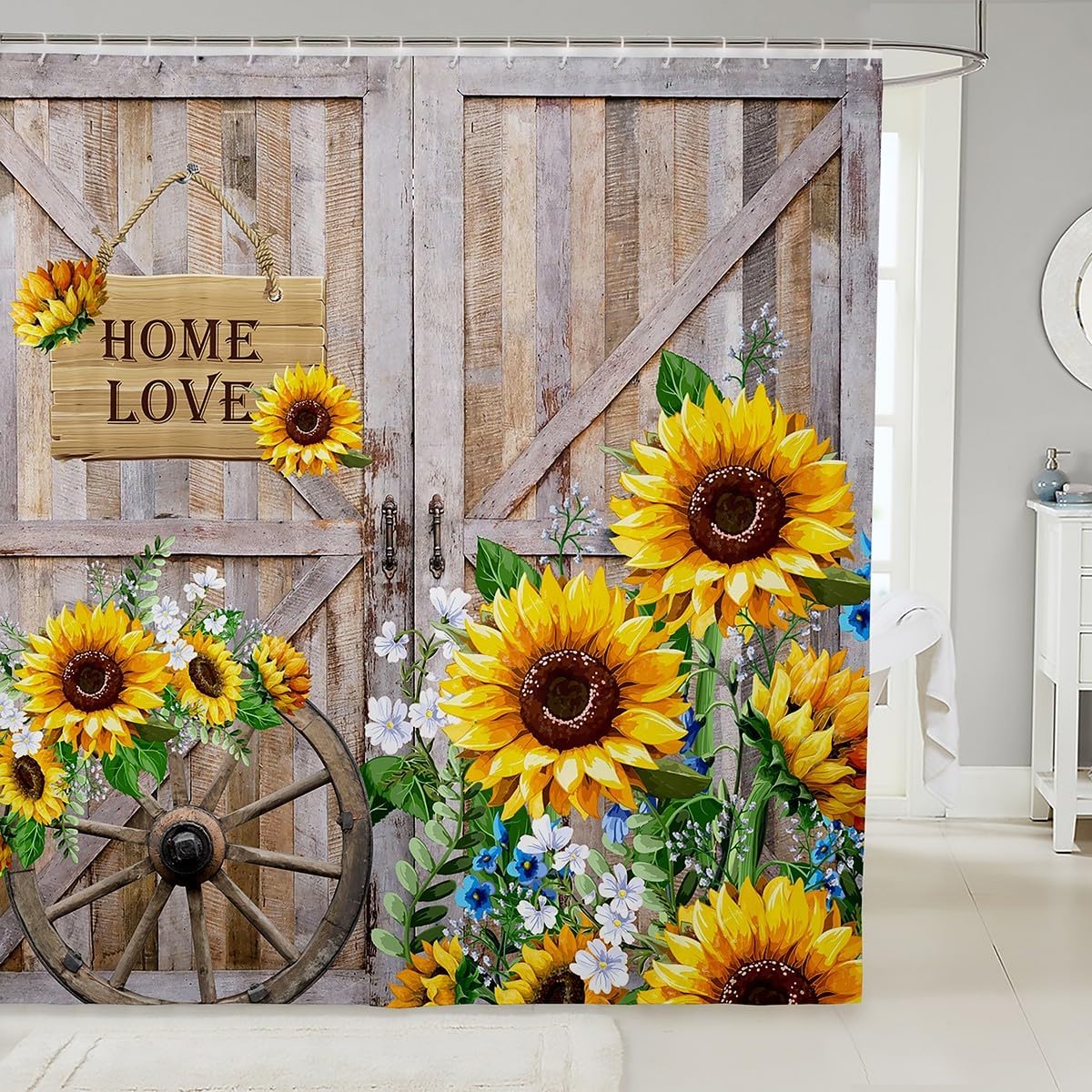 

Rustic Sunflower Shower Curtain Wooden Barn Door Home Love Sign Farmhouse Decor Yellow Flowers Bathroom Accessories Waterproof W60H190(CM)-1 Pcs