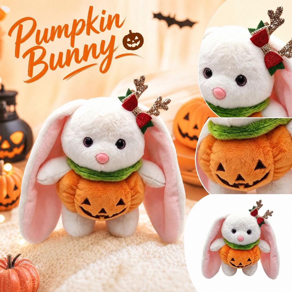 Halloween Plush Stuffed Animal, Cute Bunny with Pumpkin and Long Ears, Soft Plush Doll for Girls, Holiday Home Decor