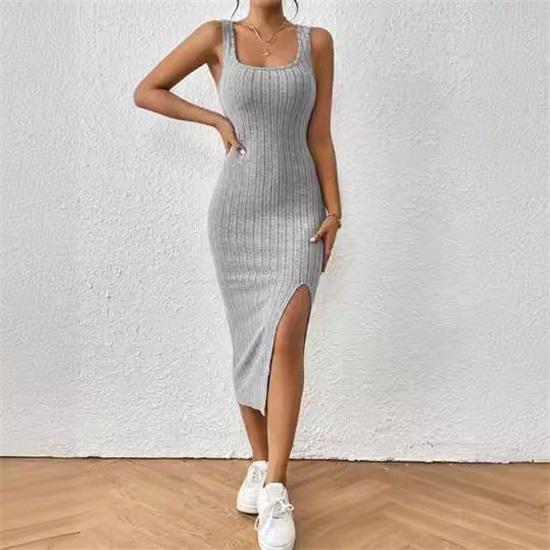 

Женское платье-жилет без рукавов с квадратным воротником и подтяжками, элегантное, сексуальное, с разрезами на ногах, миди-платье XXL серебряный серый