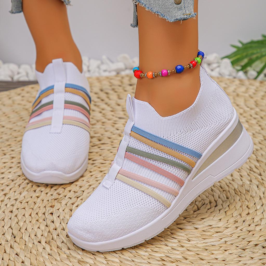 Fashion Color Band Breathable Mesh Flats Women 2025 Plus Size 36-43 Soft Sole Casual Sneakers Woman Slip On Thick Sole Walking Shoes
