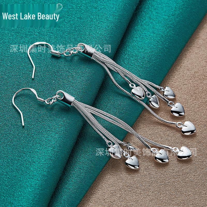 

Tassel Snake Bone Chain Heart Silver Earrings for Women - West Lake Beauty Collection