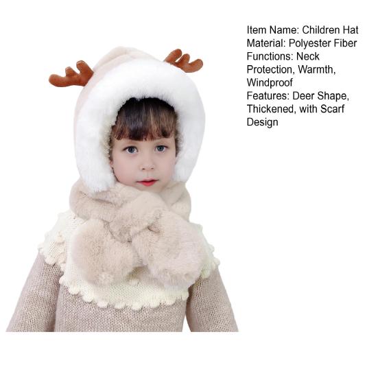 Children Hat With Scarf Design Antler Decoration Thickened Warm Plush Winter Hat