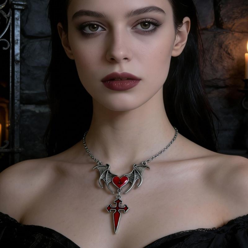 Detailed Gothic Punk Bat Wing and Heart Crosses Pendant Necklace Crafted from Alloy for Long Time Use