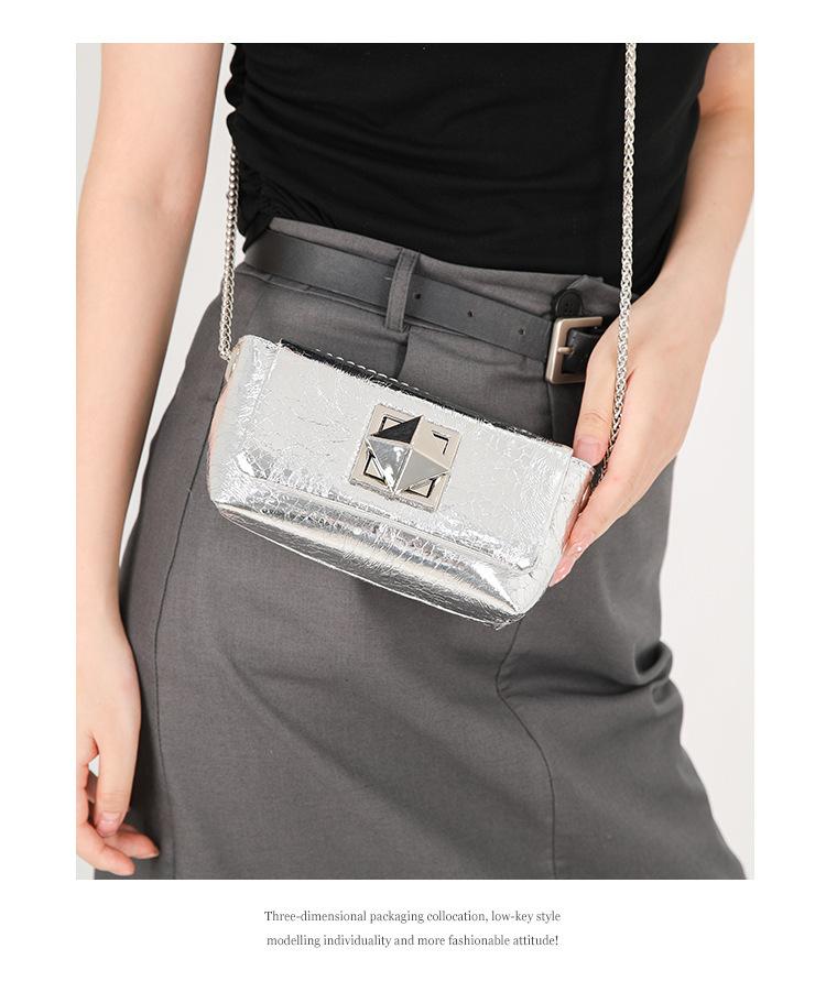 

Новая сумка с замком на цепочке 2024 года, милая и классная сумка-мессенджер, корейская версия, нишевая иностранная сумка, маленькая квадратная сумка, переносная сумка подмышкой серебряный