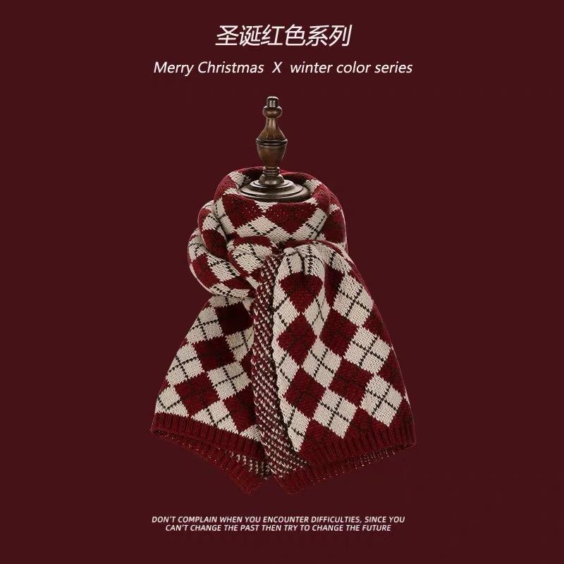 Red Scarf Women's Winter Versatile Premium Sense China Red Checked Destiny Women's Winter Scarf Christmas New Year