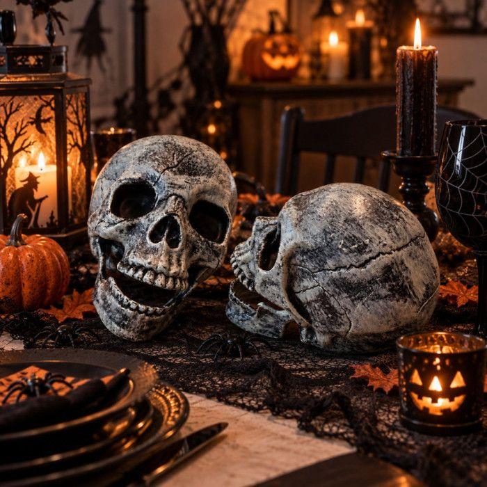 Lot de 2 Têtes de Mort 15 cm pour Décoration Halloween – Crânes Squelette, Décoration Effrayante pour Fête et Soirée Halloween