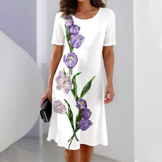 Women Dress Floral Breathable Pullover Sleeves O Neck Short Tulip Print Loose Soft A-line Knee