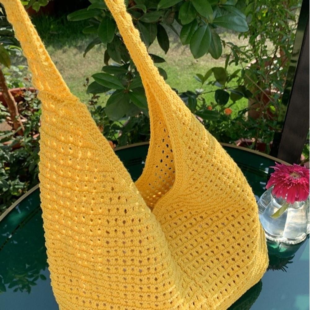 Large Capacity Crochet Mesh Tote Bag Bohemian Style Woven Handbag Knitted Shoulder Bag  Ladies