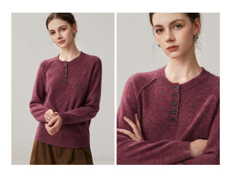 2026 Autumn/Winter Women's Cashmere Heather Knit Sweater - Round Neck, Buttoned, Loose Fit, Warm Base Layer