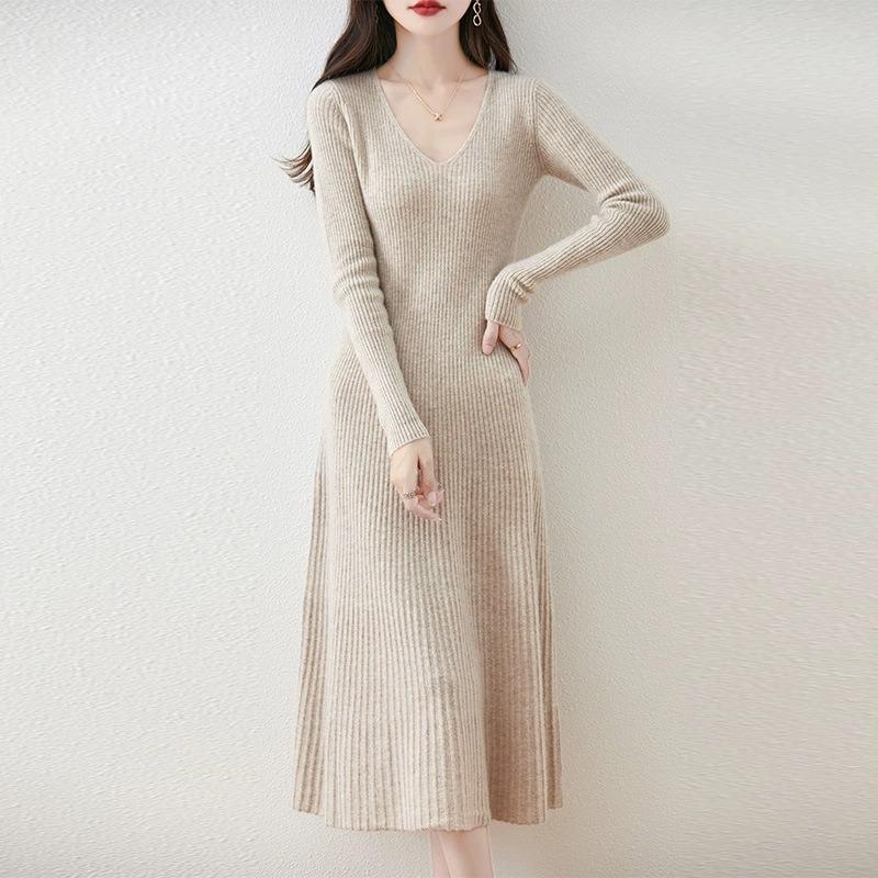 Autumn and Winter New V-neck Thin Medium and Long Knitted Dress Women's Solid Color Temperament Simple Inside with a Bottom Sweater Skirt