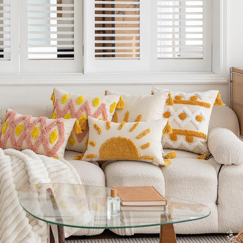 3D Embroidered Tassel Throw Pillow Cover Decorative Cushion Case For Sofa Living Room Japanese Tatami Style Pillow Cover