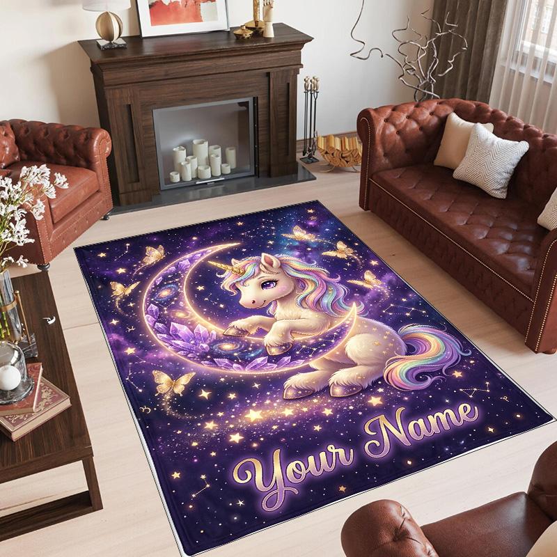 Alfombra de Suelo de Terciopelo de Cristal con Temática de Unicornio, Alfombra Cálida Personalizada con Nombre y Texto, Decoración del Hogar