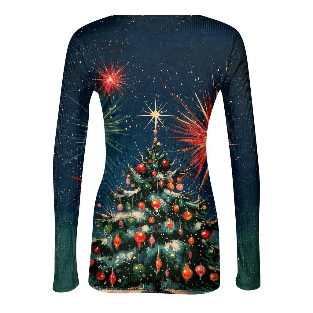 Women's Casual Long Sleeve Christmas Print Neck Ribbed Knit Top