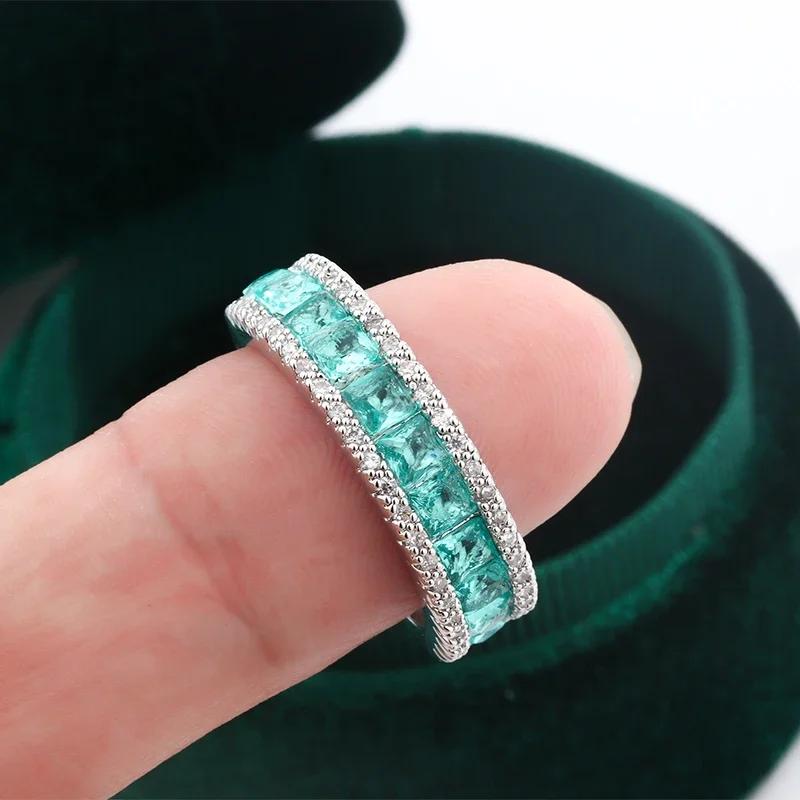 925 Silver Plated Women's Fashion Single Row Diamond Ring Geometric Square Green Zircon Ring Jewelry Anniversary Gift