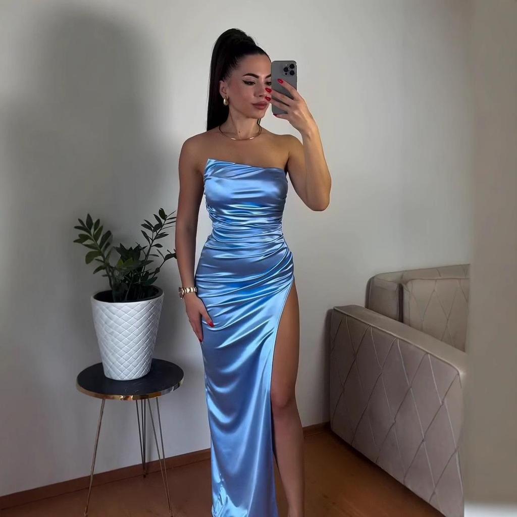 Satin Waist-Cinching Strapless High Slit Dress for Women - Summer 2025 Collection