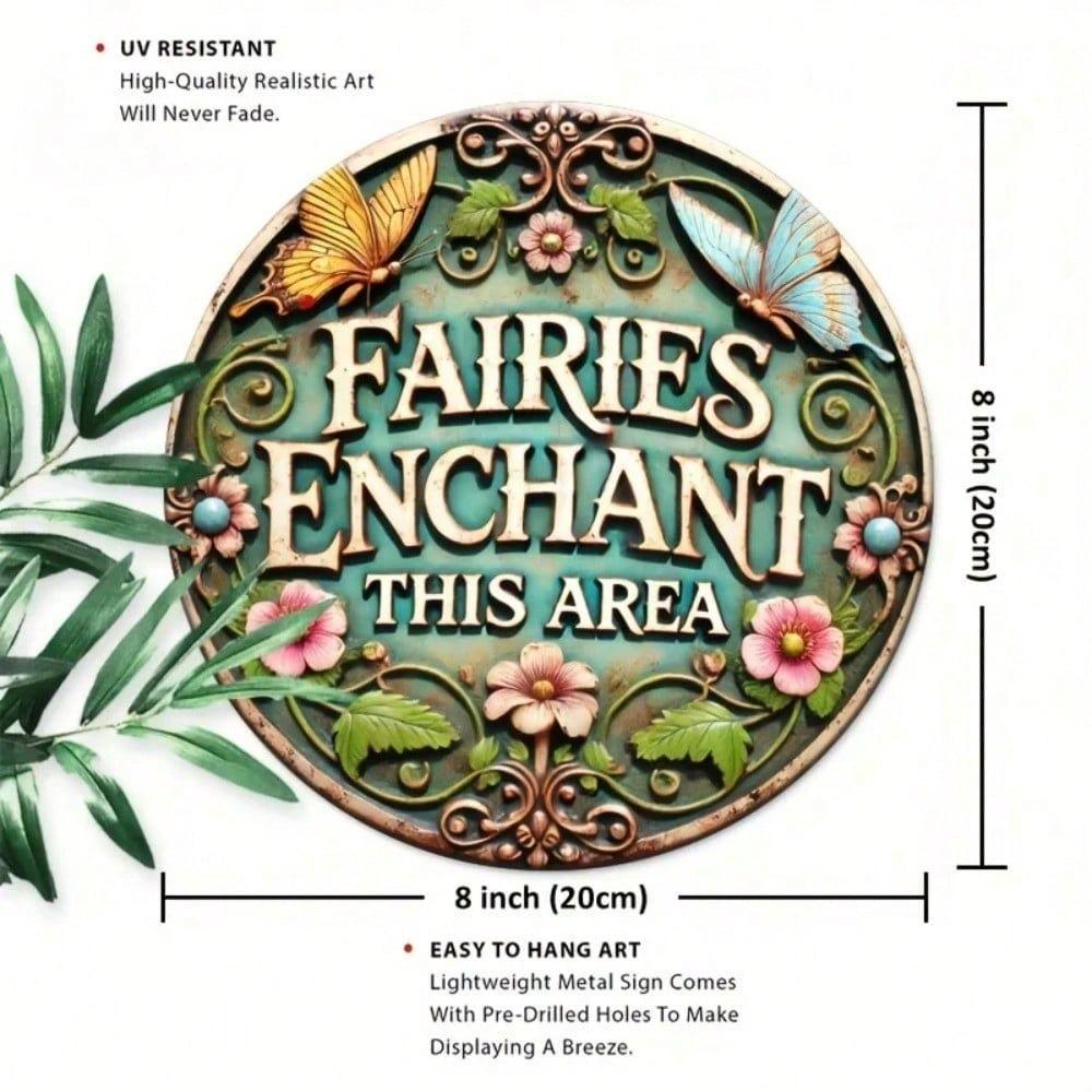 2D Fairy Butterfly Round Metal Sign Vintage 8In Garden Wall Art Floral Decor