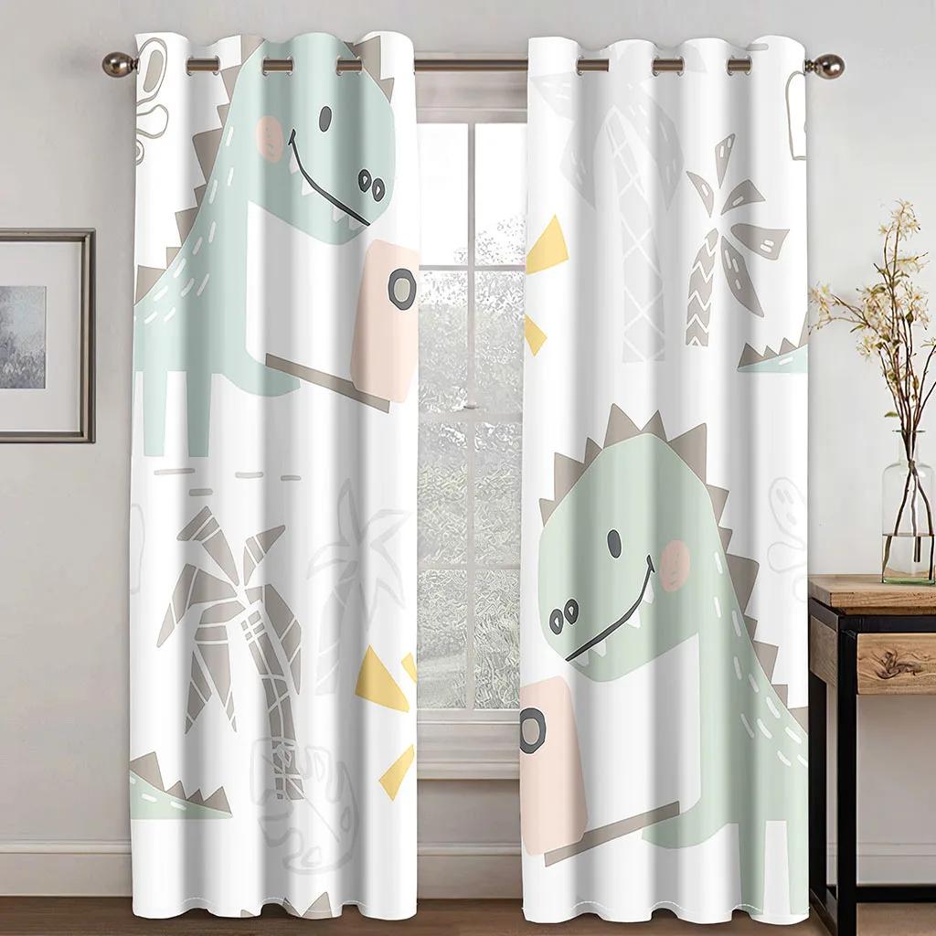 Selling Funny Cartoon Children Cute Dinosaur Cloth Curtain for Living Room Bedroom Nursery Room Kindergarten 2 Pieces