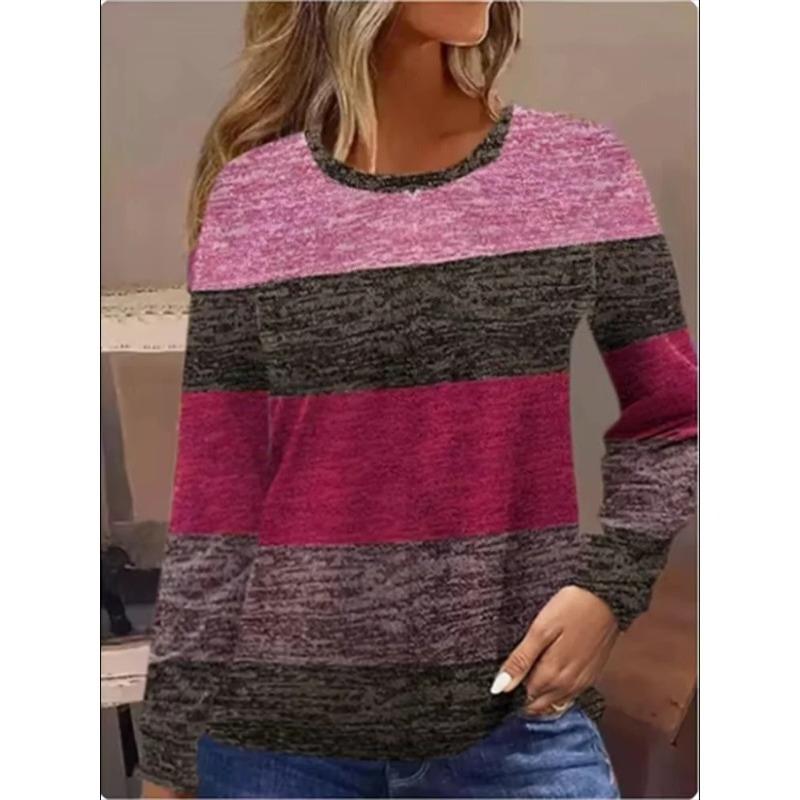 Jarní a podzimní trička s kulatým výstřihem, 3D pruhy, barevně sladěný potisk, módní, ležérní, s dlouhým rukávem