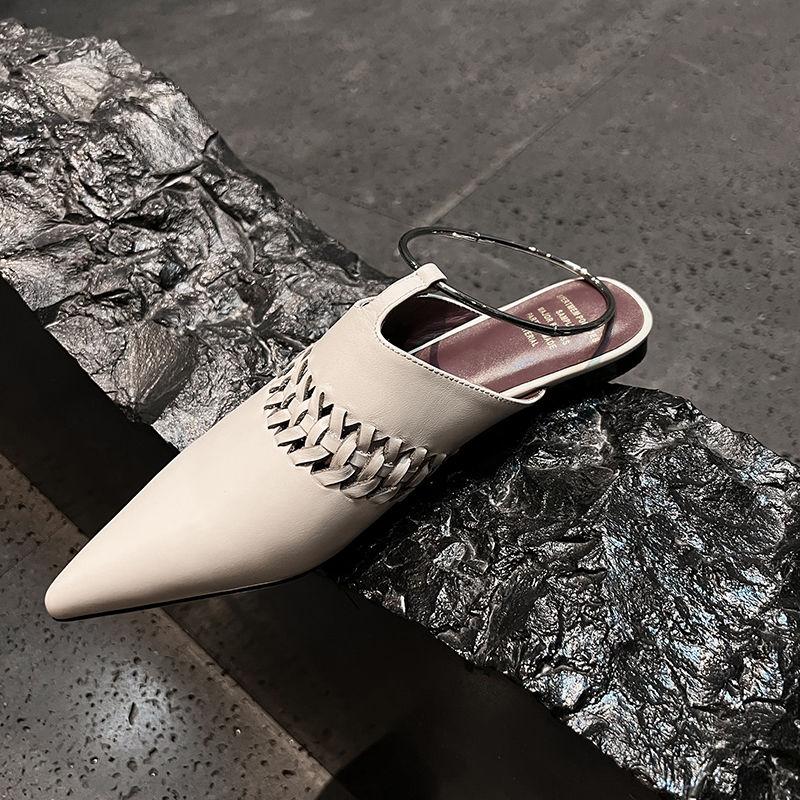 Fashion 2025 Sexy Genuine Leather Mueller Slippers Women Pointed Toe Braided Ankle Ring Slippers Ladies Low Heel Summer Casual Slides