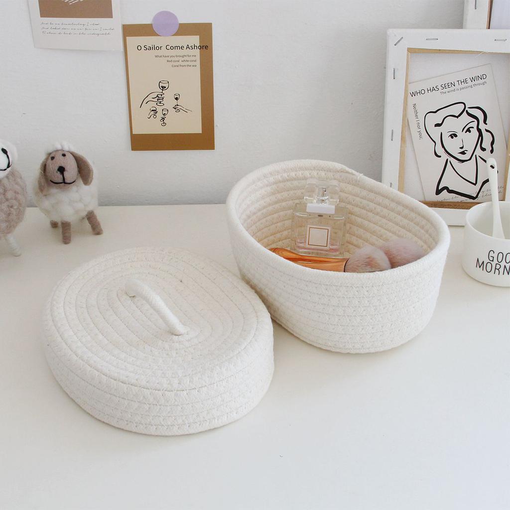 Desktop Storage Box with Lid Handmade Cotton Rope Storage Basket for Makeup Sundries Snack Needles