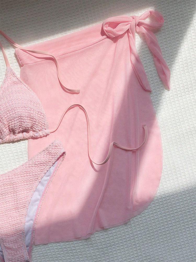 2025 Mesh Lace-Up Solid Color Bikini Set: Sexy Three-Piece Swimwear for Women