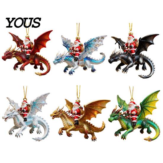 Christmas Tree Hanging Ornament Santa Claus Dragon Rider Ornament, 2D Acrylic Red Resin Pendant with Flying Decorations for Home Parties Decor Unique