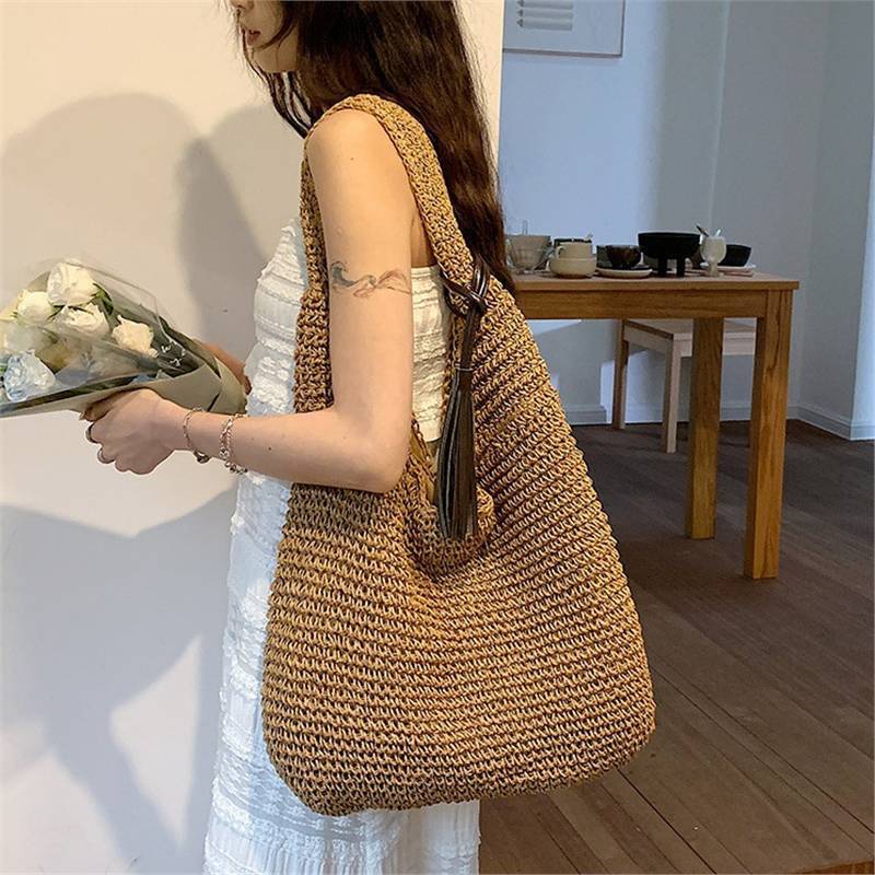 IELGY Lazy Loose Feel Shoulder Large Capacity Bag Summer Seaside Vacation Straw Beach Bag