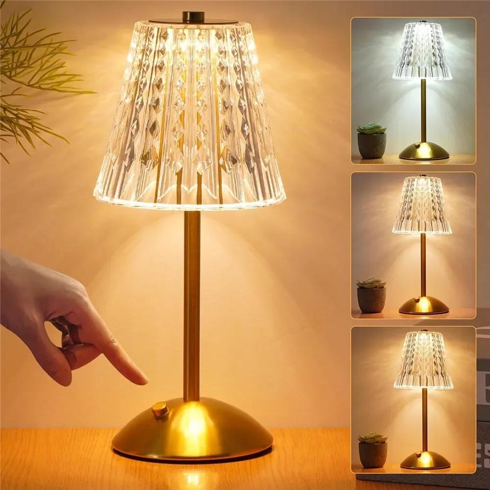 Bedroom Crystal Retro Table Lamp3 Color Touch Dimming Night Light USB Rechargeable Cordless Atmosphere Bedside Desktop Night Lig
