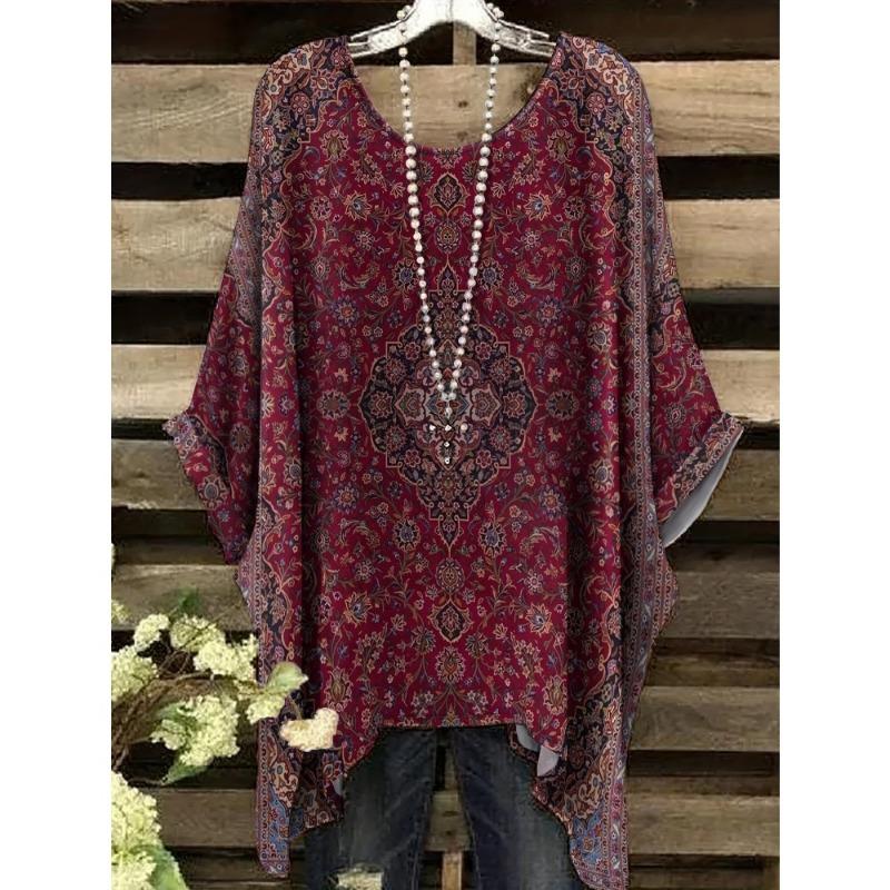 Sommer Damen T-Shirt Ethnischer Stil Gedruckter Frack Rundhalsausschnitt Lässig Bequem Y2k T-Shirt Vintage Damen Kurzarm-T-Shirt