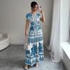 Blue and White Floral Print Short Sleeve Midi Dress with Tie Belt