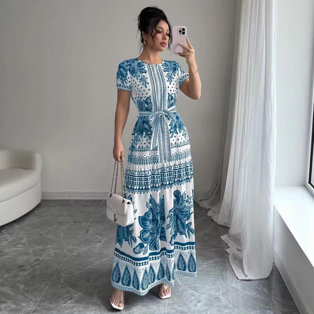 Blue and White Floral Print Short Sleeve Midi Dress with Tie Belt