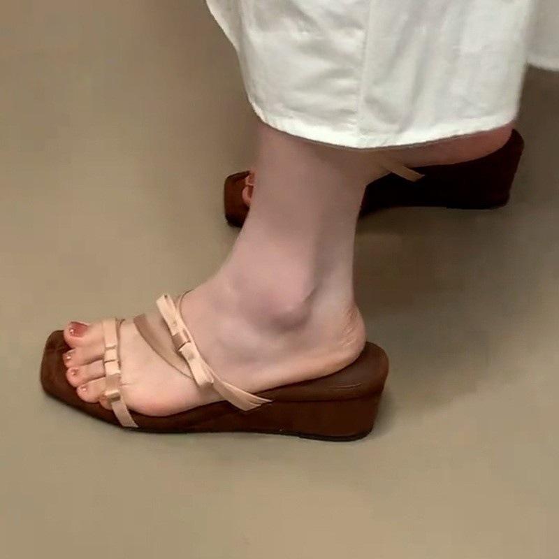 Vintage slope heel cool slippers women's high heel sandals bow square head beach sandals