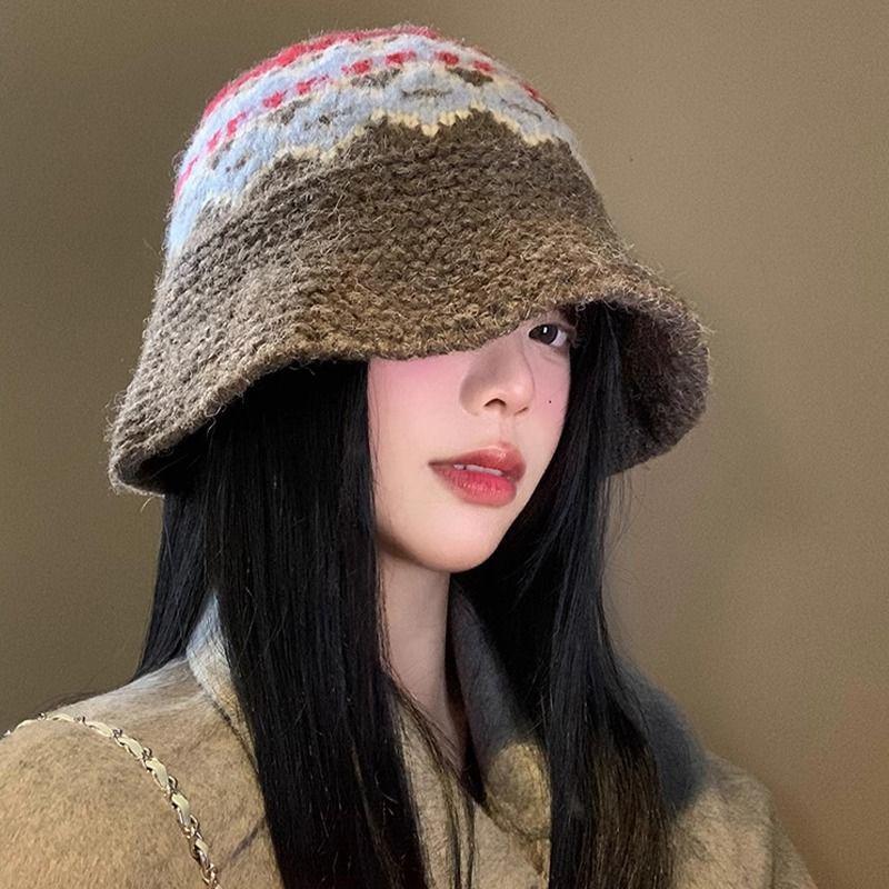 Retro Jacquard Knitted Bucket Hat Autumn Winter Korean Warm Casual Basin Hat For Women