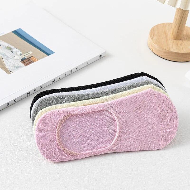 5 Paires de Chaussettes Invisibles Unies pour FEMME, Coton Silicone Antidérapant Chaussettes de Cheville Printemps, Chaussettes Bateau Fines Décontractées Respirantes