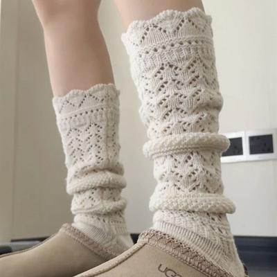 Retro Wollfleece-Socken für Damen, Warme Herbst- und Winter-Stricksocken mit Lochmuster bis zur Wade, Wollspitzen-Langsocken